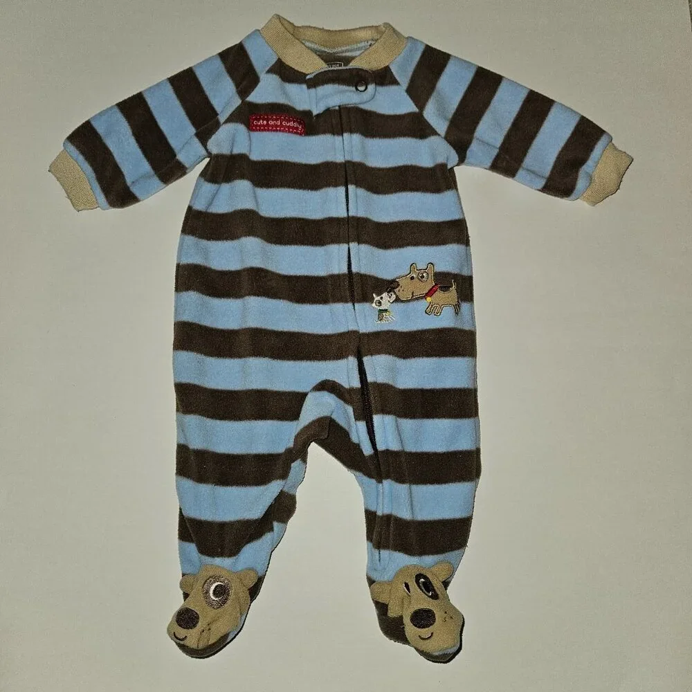 2 Carter's Baby Boy Fleece Footie Pajamas Lot NB Newborn Little Brother Dogs